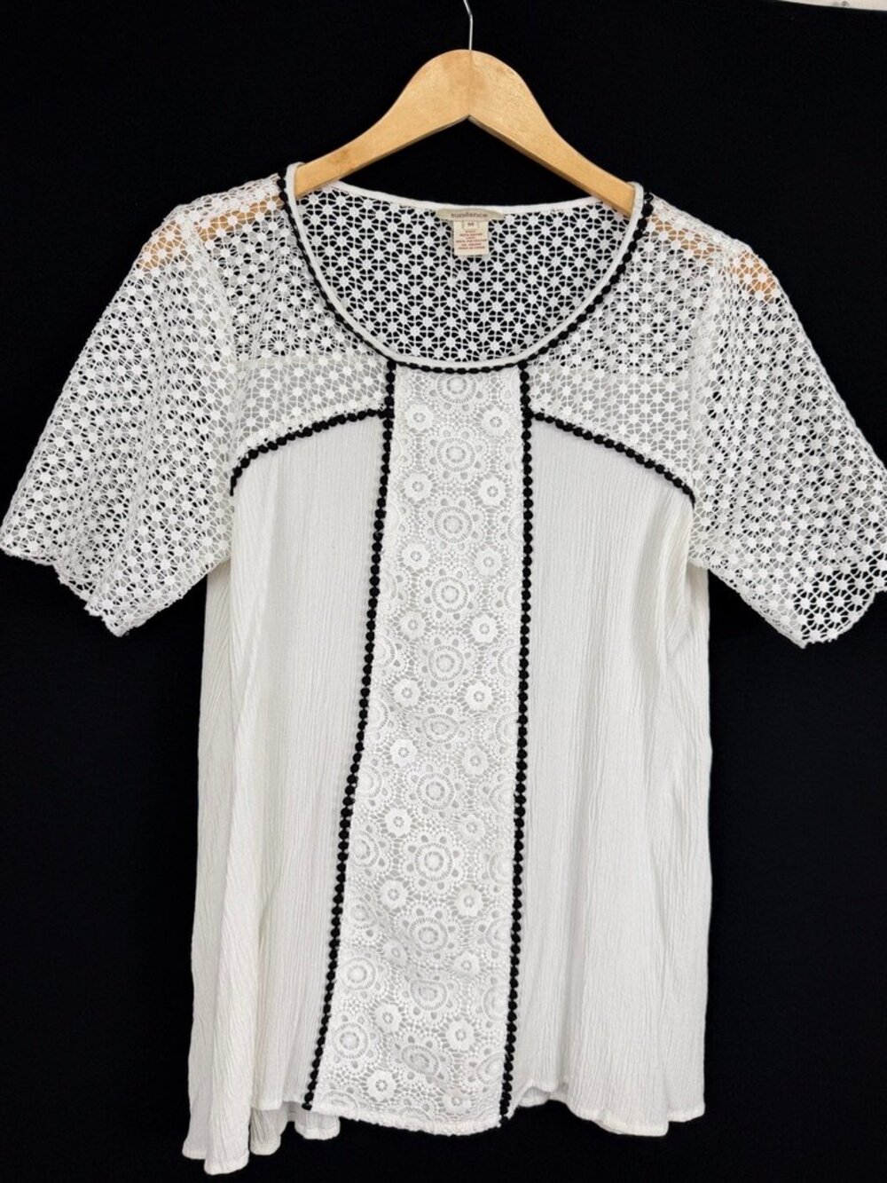 Sundance White Black Embroidered Crochet Lace Boho Blouse Women M